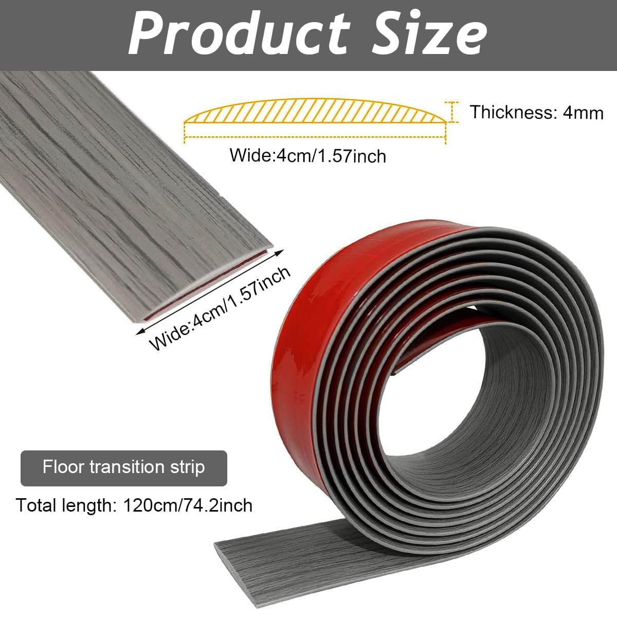 HASTHIP® Floor Transition Strip, Self Adhesive Vinyl Laminate Floor Strip Floor Flat Divider Strip for Joining Floor Gaps, Carpet Threshold, Floor Tiles (47.2 x 1.57 Inches, Gray)