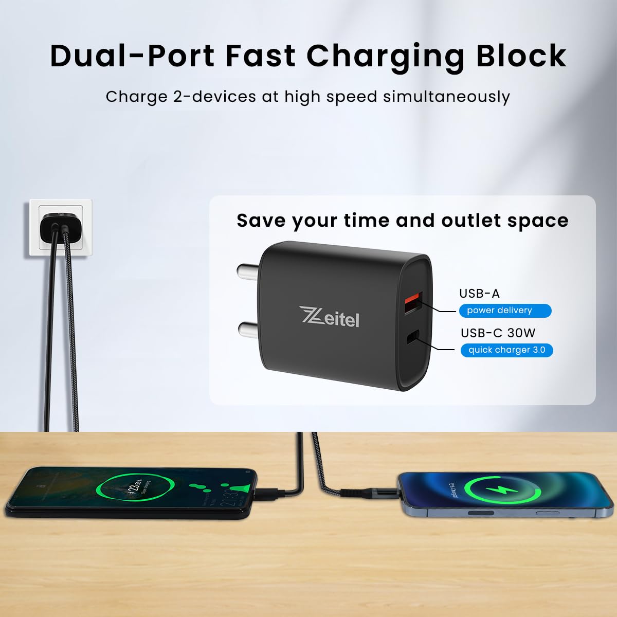 Zeitel 30W Adapter for iPhone with Dual USB A and C Ports featuring LCD Fast Charging Cable