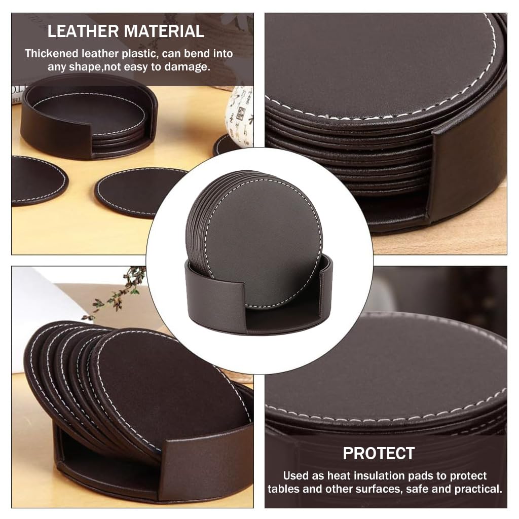 HASTHIP® 6Pcs Leather Coasters with Holder Fashion PU Insulation Cup Coasters Table Protector Decorative Table Coasters Elegant Home Decor Leather Coasters (Brown)