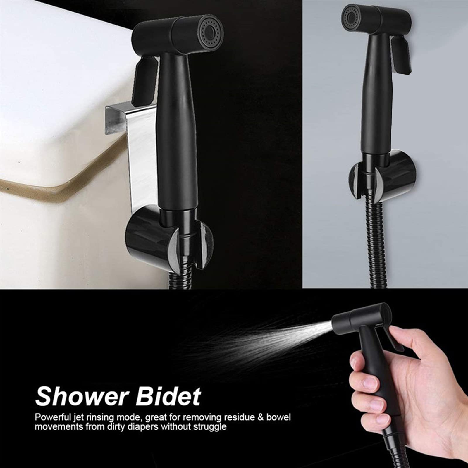 ZIBUYU Jet Spray for Toilet with Easy Grip Lever and Leak Proof Stainless Steel Hose | Black Bidet Handheld Set