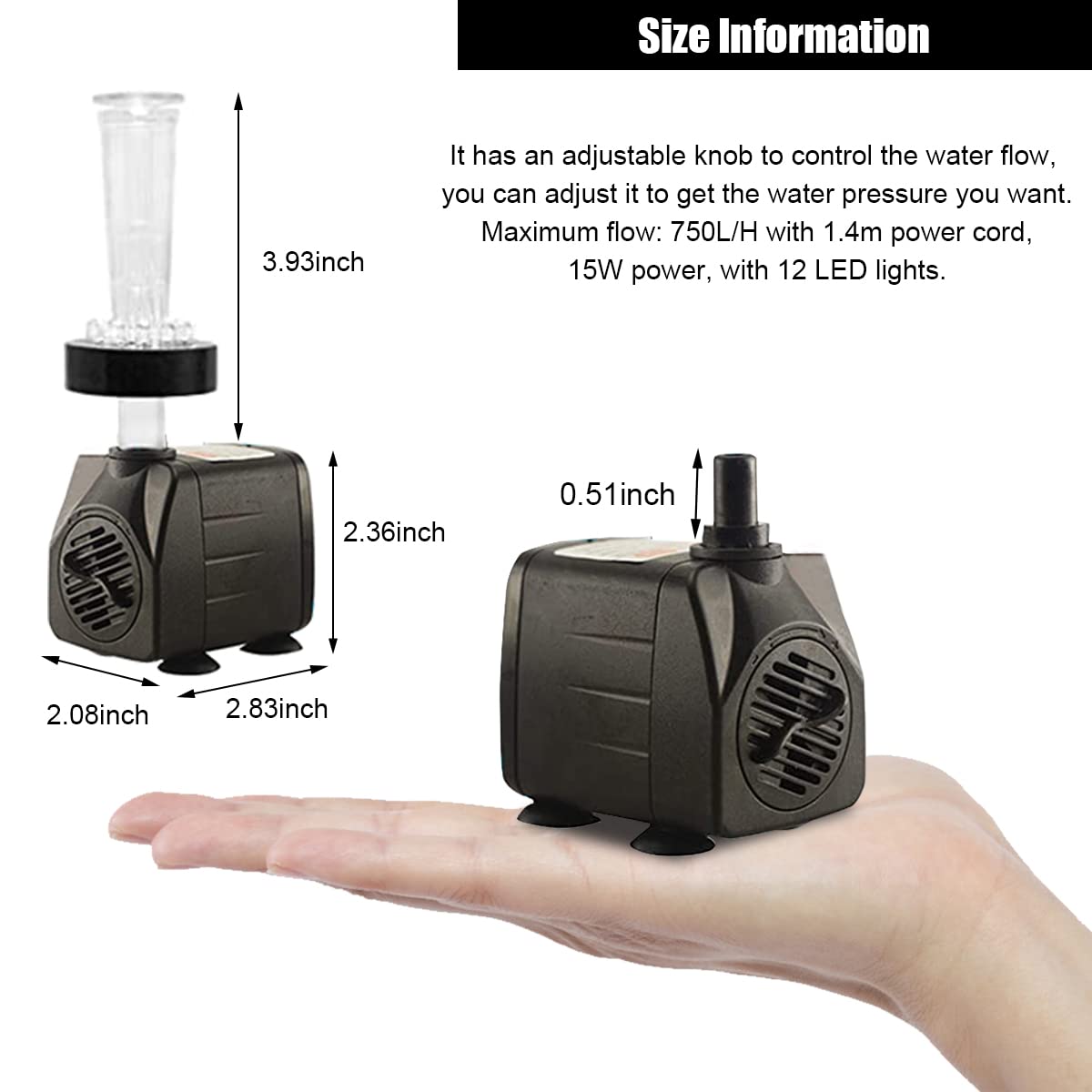 HASTHIP Aquarium Pump for Fountains and Fish Ponds with 750L/H Flow and 12 LED Lights | Ultra‑Quiet Submersible Motor 15W Black