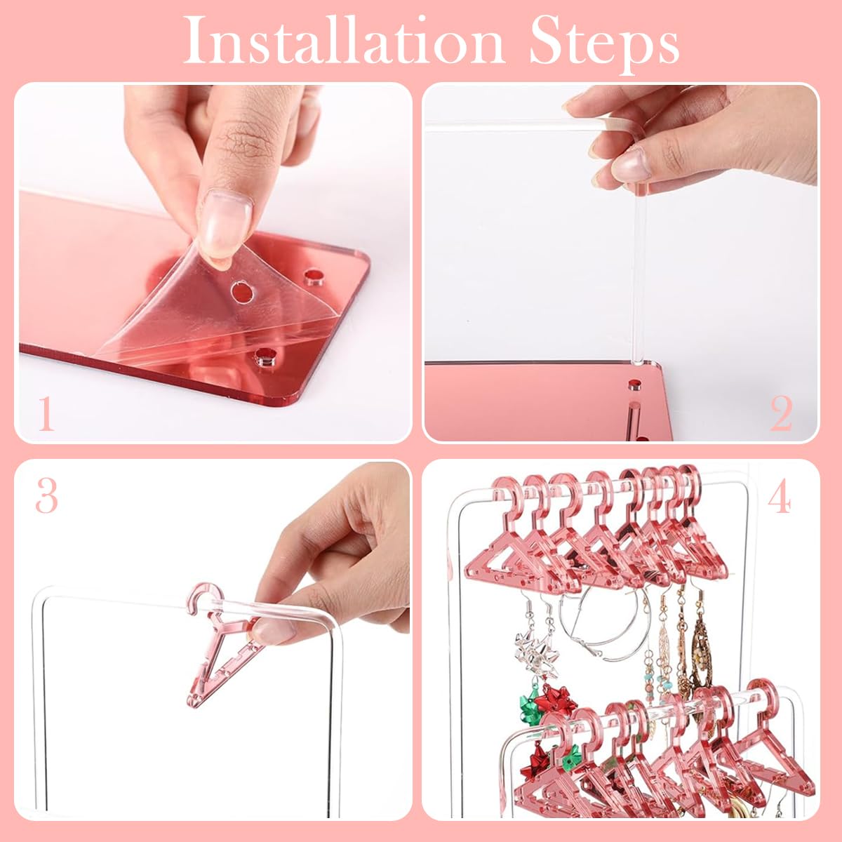 MAYCREATE Earrings Organizer for Women with 16 Mini Hangers and Dual Cross Bar Design | Pink Acrylic Holder for 32 Pairs