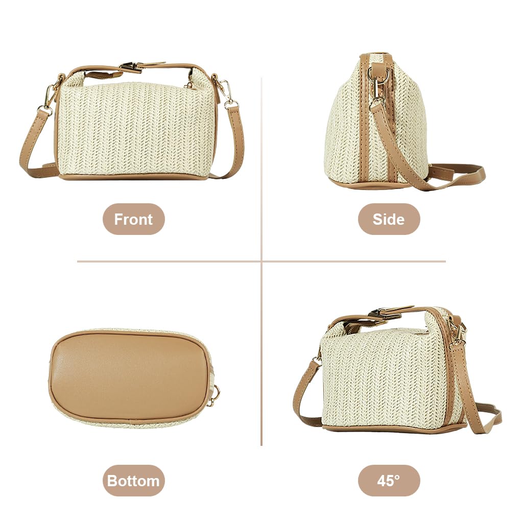 Zibuyu Woven Bag for Women with Detachable Shoulder Strap and 20x11x12cm Compact Design | PU Leather and Straw Handbag