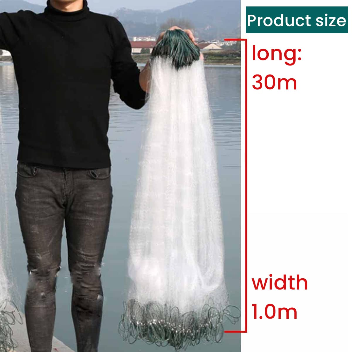 Proberos 30m x 1.0m Fishing Net Single Layer Fishing Net with Lead Weighs Undersea Fishing Net Mesh Fishing Net Densed Mesh Fishing Net for Mariculture