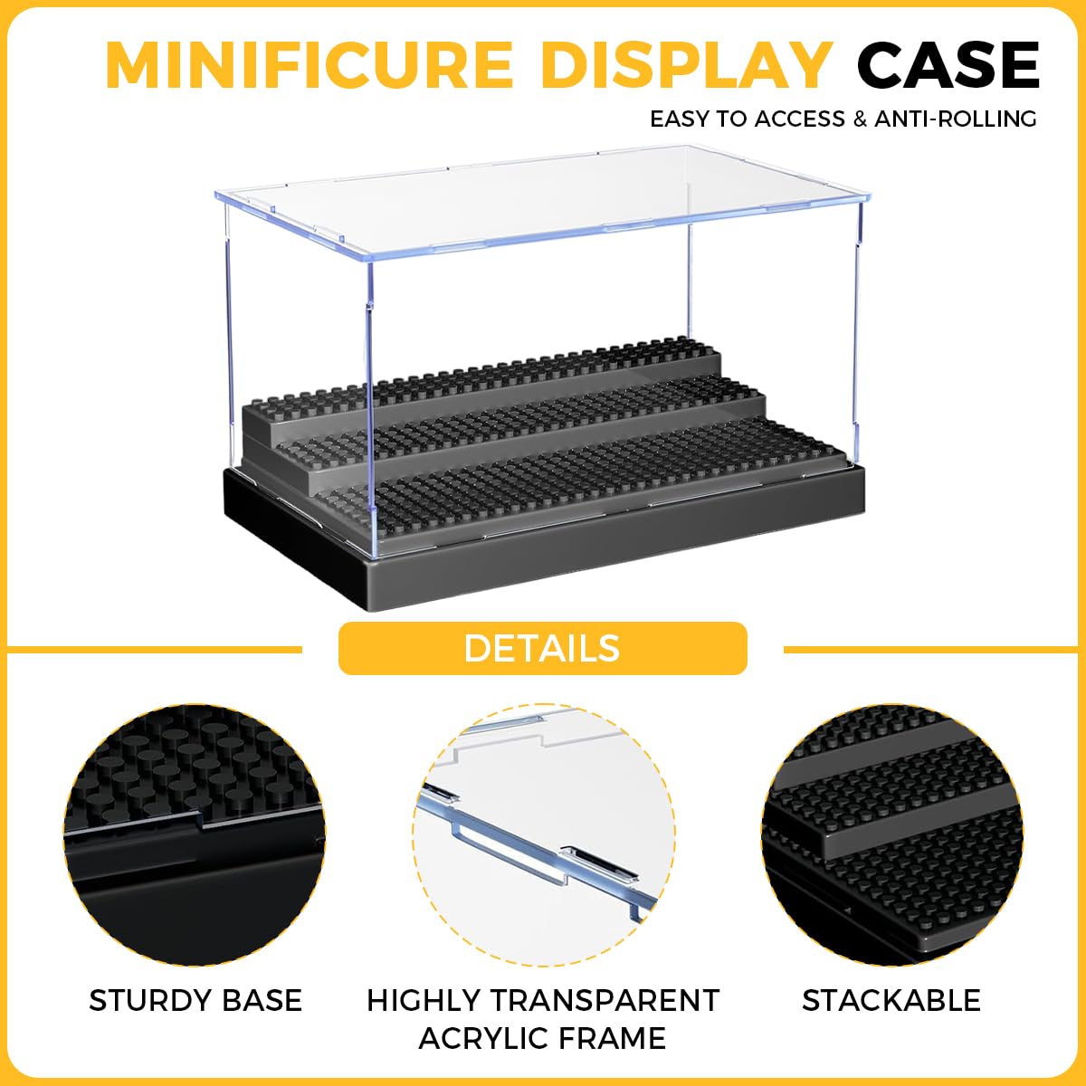 PATPAT Acrylic Display Box for 30–50 Minifigures featuring 3 Tier Stepped Studs Stand | 25.5×13.7×15.5 cm Transparent Dustproof Case