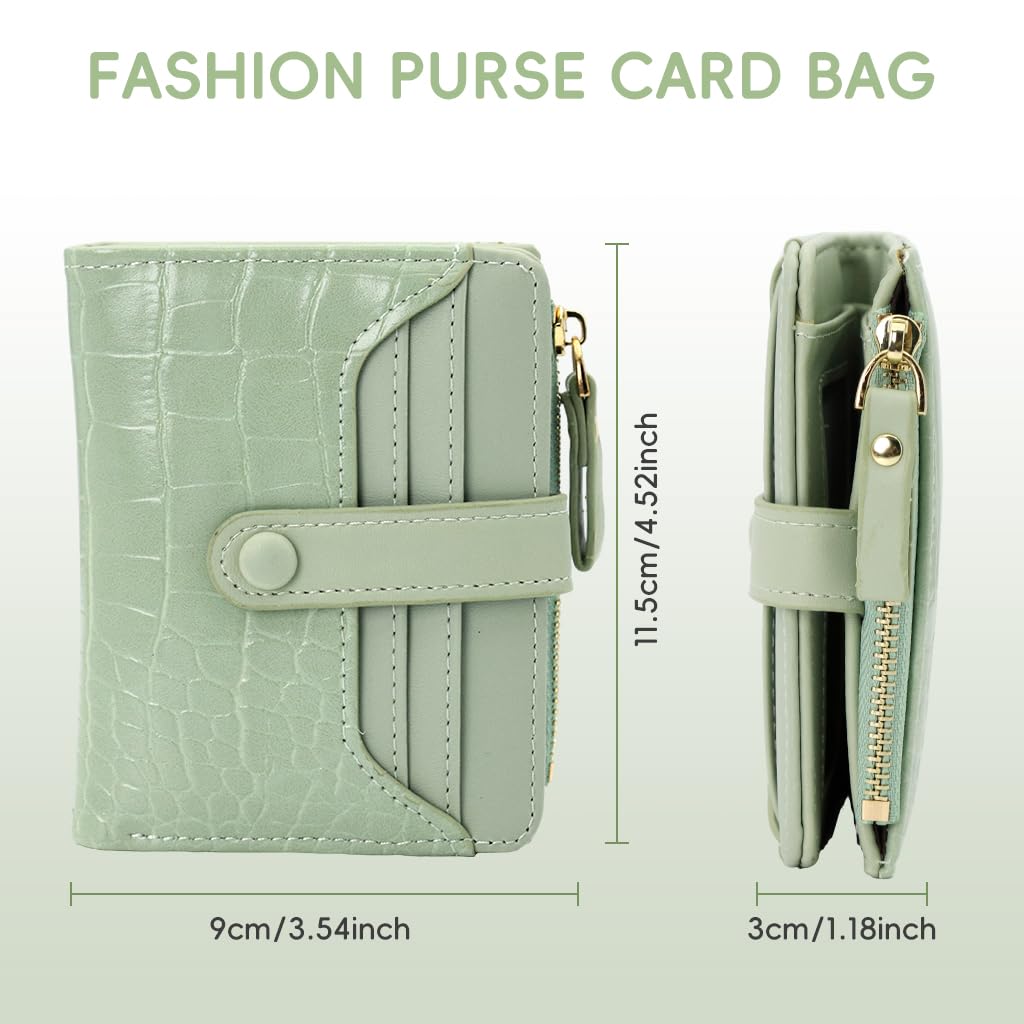 ZIBUYU Women Purse for Daily Use with 8 Card Slots & Snap Button Closure | Mint Green PU Wallet 11.5x9cm