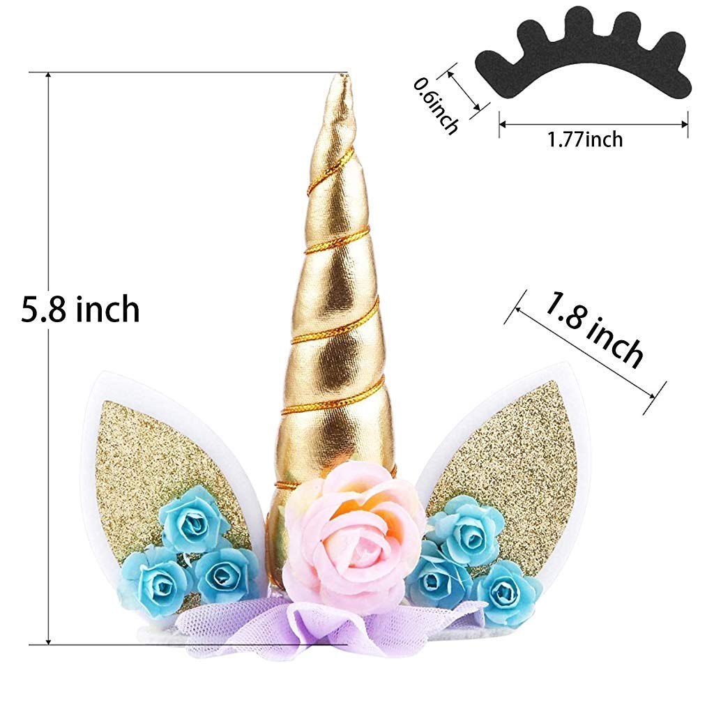 HASTHIP® Handmade Gold Reusable Unicorn Horn Ears Eyelash Set Birthday Cake Topper Decoration 5.8 Inch 2 PCS
