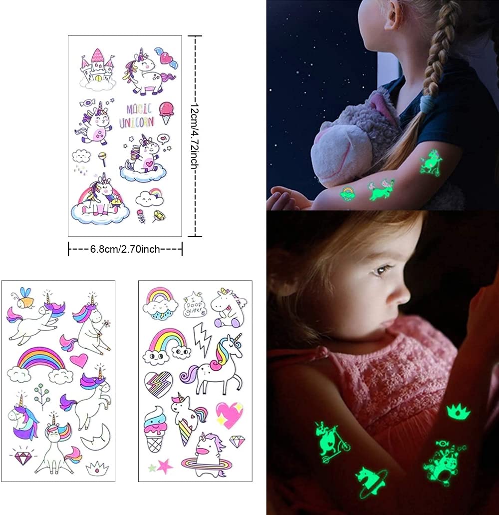 MAYCREATE  20 Sheets Waterproof Cartoon Fake Tattoo Sticker Glow in The Dark Unicorn Mermaid Outspace Dinosaur Tattoo, Boys Girls Party Supplies Gift