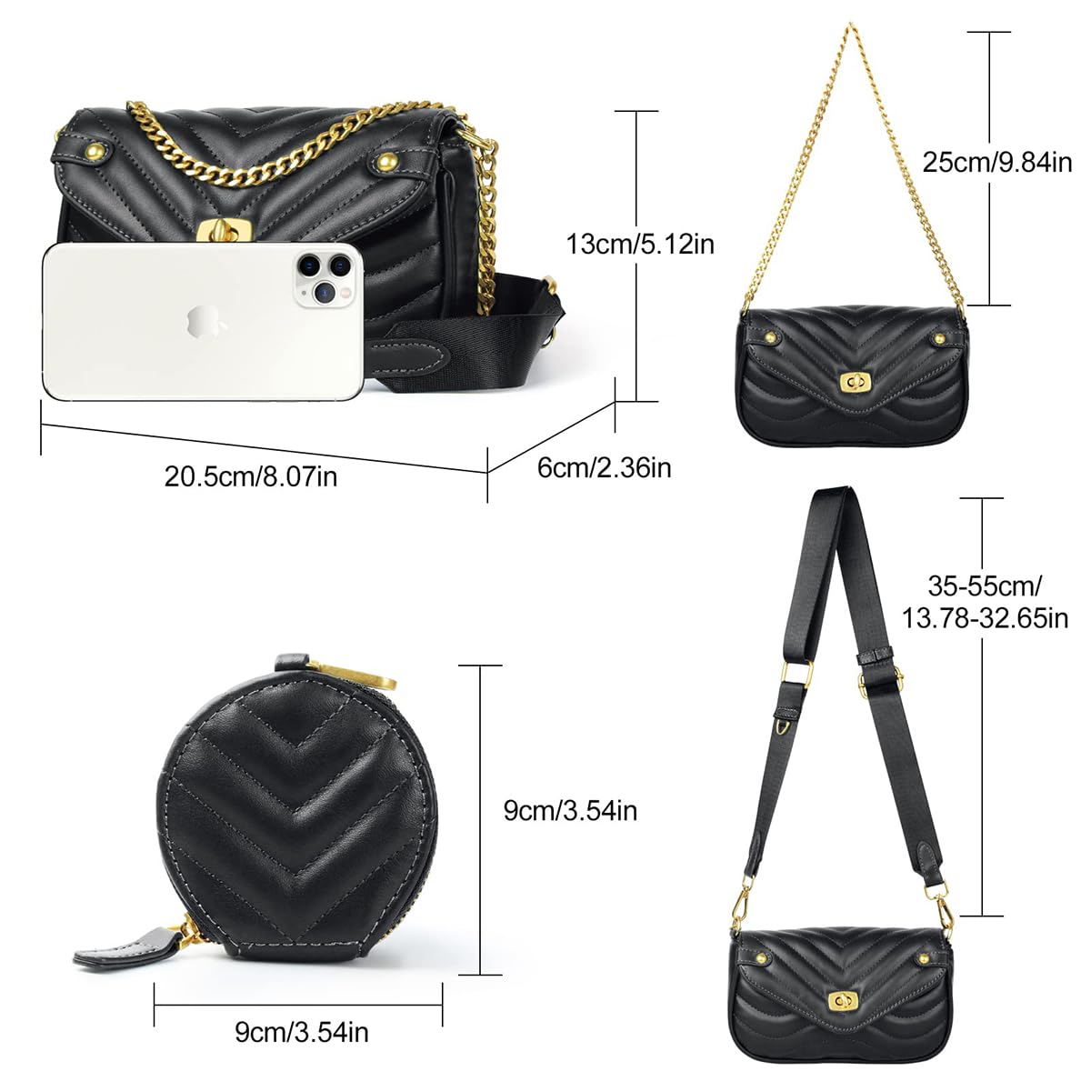 Zibuyu Sling Bag for Women featuring Chain Detail and 20×6.5×13.5cm PU Leather Design | Black
