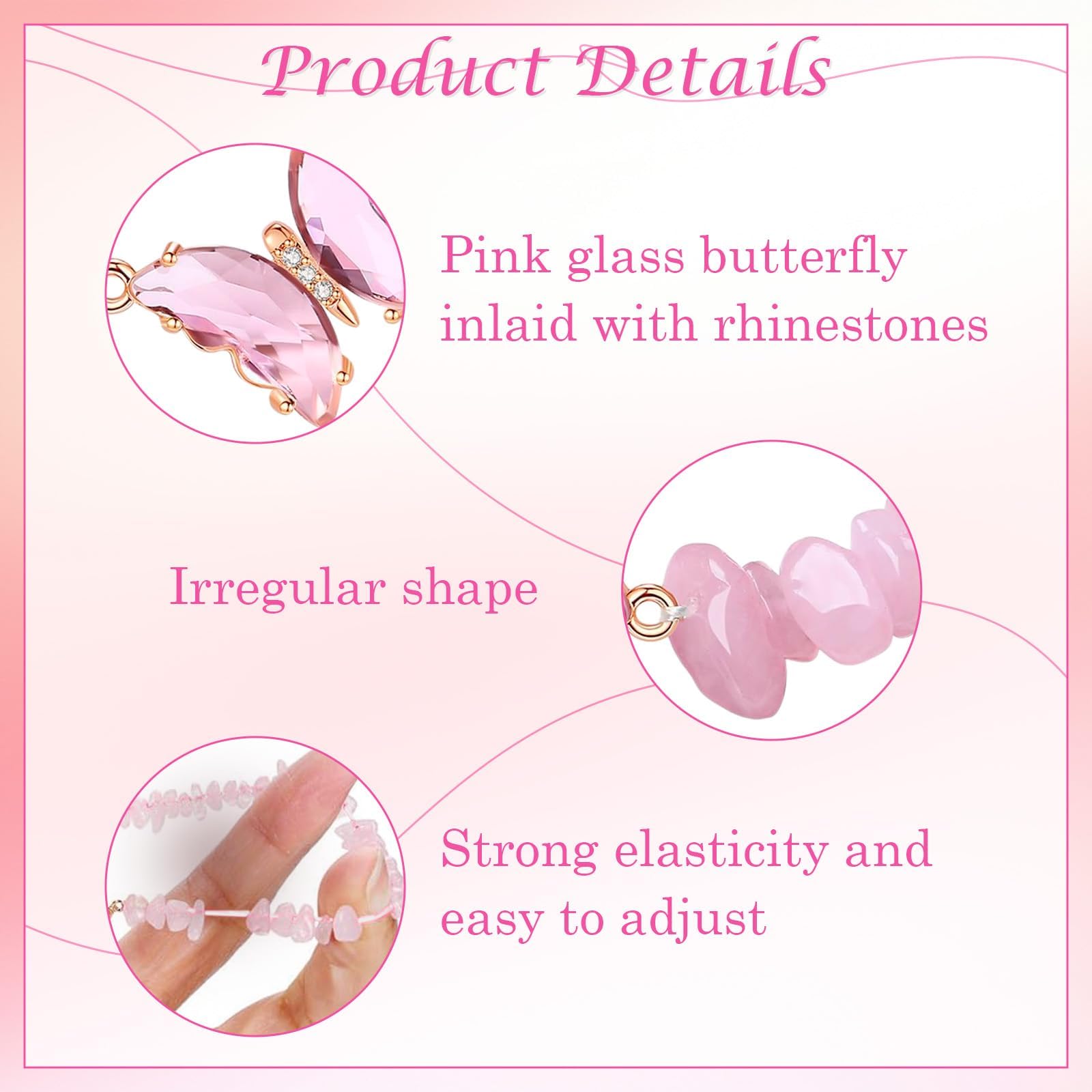 SANNIDHI Amethyst Bracelet for Women with Butterfly Charm and Pink Crystal Beads | Stretchable Layered Design