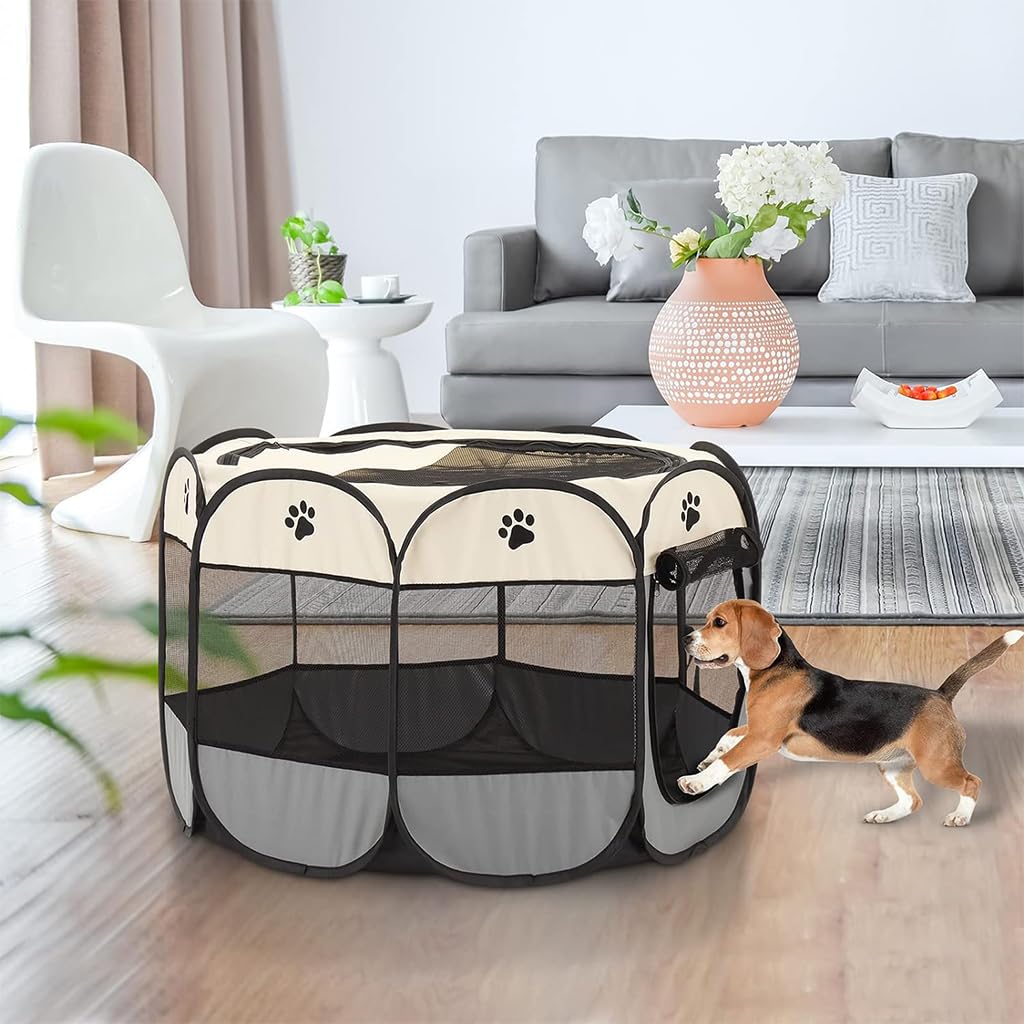 Qpets® Foldable Pet Playpen Breathable Indoor Pet Fence Pet Enclosure with Mesh Window for Cat Dog Movable Pet Delivery Room Detachable Zipper Mesh Shade Cover, 44.8'' x 44.8''x22.8''