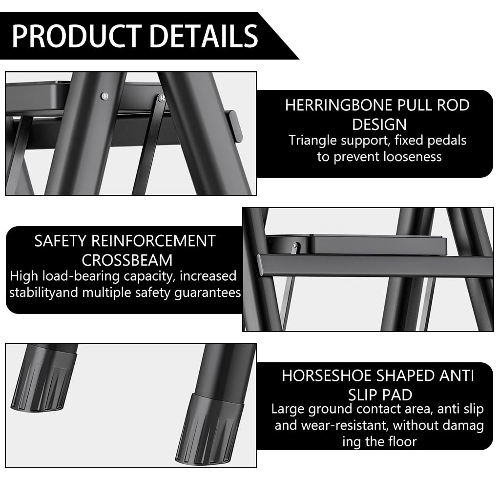 HASTHIP® 3 Step Ladder Carbon Steel Foldable Ladder 330lbs Load Capacity 3 Step Ladder for Home, Step Ladder for Home Use, Folding Step Stool with Anti-Slip Pedal, Plant Pot Ladder Holder