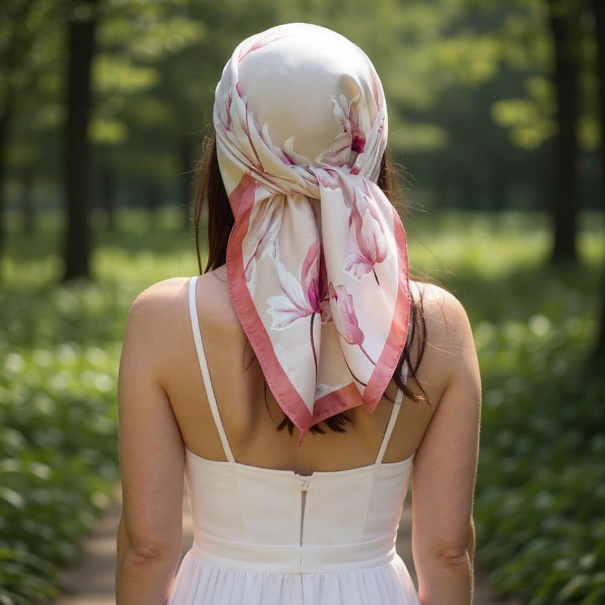 SANNIDHI Silk Scarf for Women featuring Pink Lotus Design with Soft Satin Fabric | Versatile Neck Hair and Bag Accessory