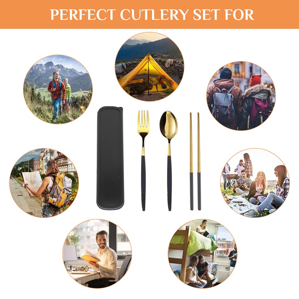 HASTHIP® Premium Gold Stainless Steel 410 Fork Spoon 6 Piece Set Spoon Fork Chopsticks Outdoor Gift Set Flatware with Gift Box Dinnerware Cutlery Tableware (Black Gold) Mother's Day Gifts