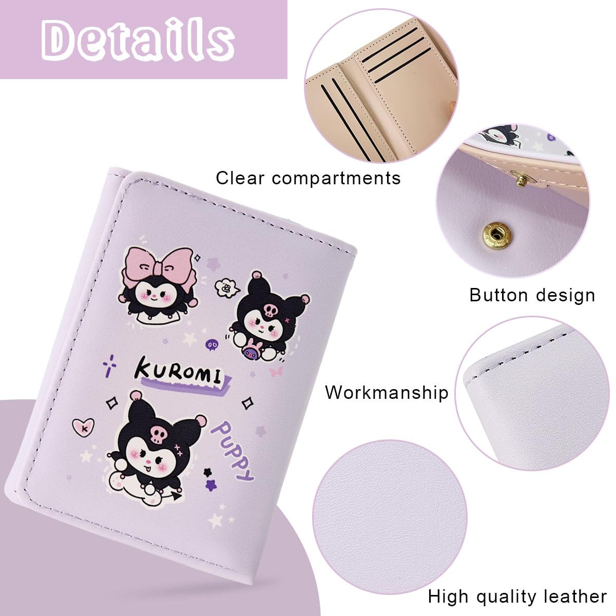 PALAY® Girls Wallet Kawaii Sanrio Kawaii Girls Purse Cartoon Kuromi Card Bag Coin Bag for Girls Purple Trio-fold Purse Kawaii Kuromi Purse Wallet Cash Bag Gift for Girls Birthday Gift for Girls