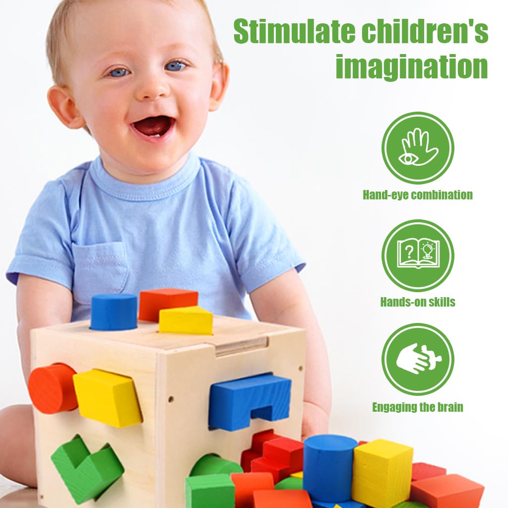 PATPAT Montessori Toy for Kids with 15 Colorful Shapes and Open Lid Wooden Cube | Fine Motor Skill Gift for Ages 2–5