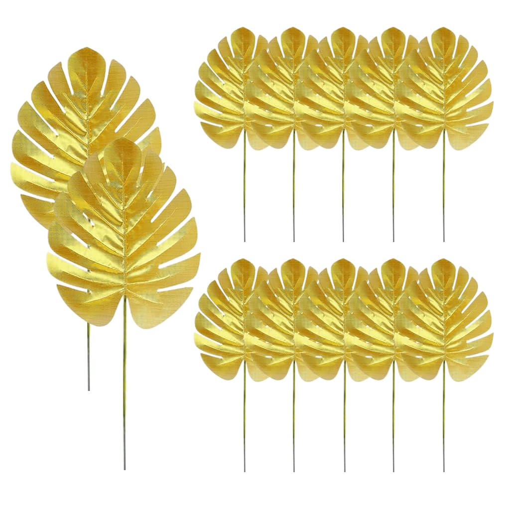 HASTHIP® 12pcs Golden Monstera Leaves, 11.8 inches Golden Monstera Leaves for Home Decor Faux Leaves Simulation Monstera Leaves with Stems for Home Decor, Wall Decor, DIY Art Crafts