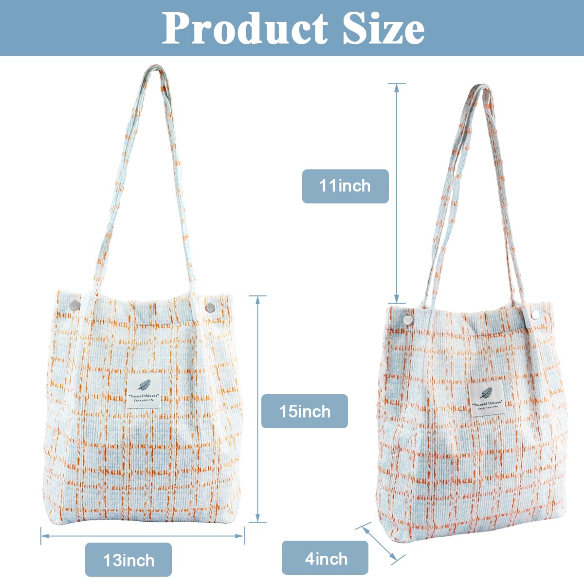 PALAY® Tote Bag Stylish Corduroy Plaid Print Hand Bag for Women Shoulder Bag for Shopping, Commuting, Shopping Bag, Large Grocery Bag