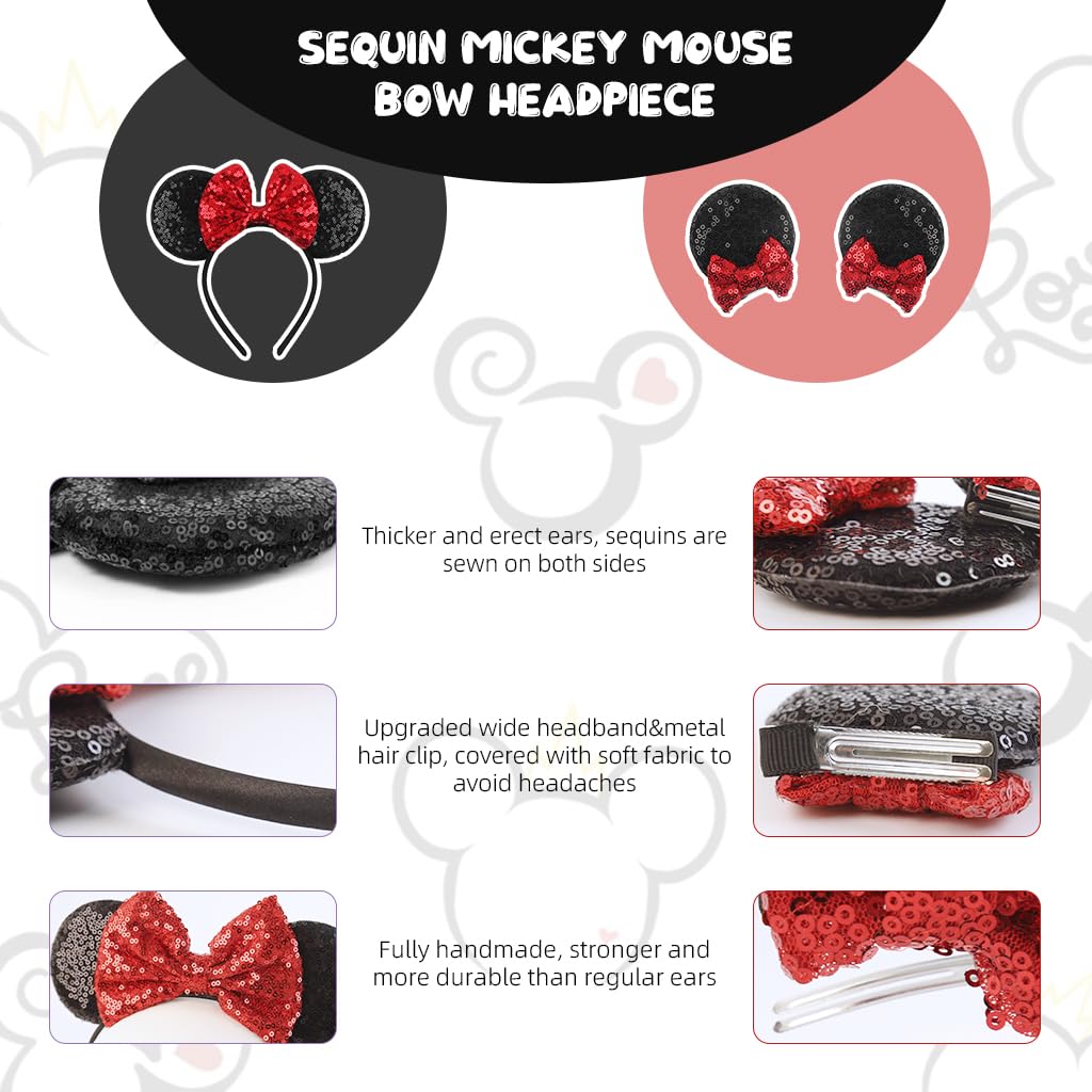 PALAY Mouse Ears Headbands and Hairpins, Shiny Bows Mouse Ears Headbands, A Perfect Addition to Your Trip Essentials and Accessories