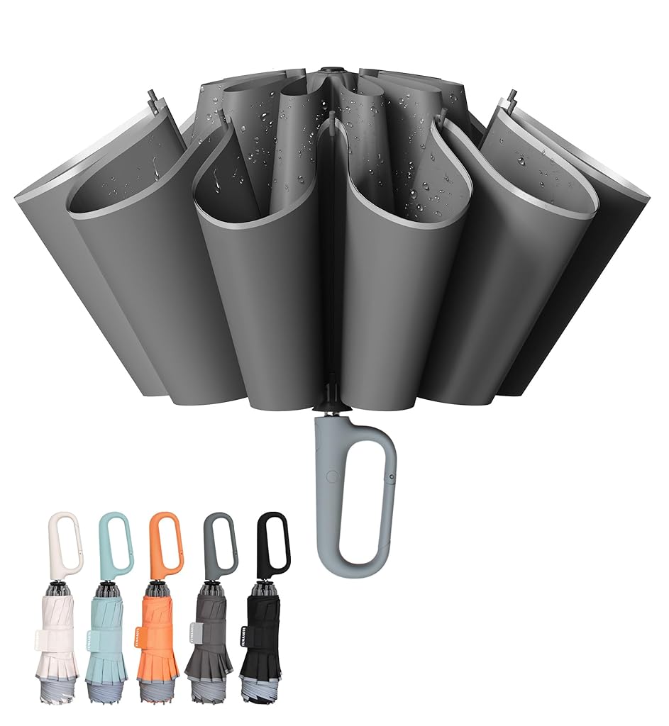 PALAY® 50'' Large Umbrella with Reflective Strip, Auto 3-Fold Compact Travel Umbrella, Carabiner Handle, Reinforced 10 Dual Ribs, Sun Protection 99% UV & Rain & Windproof for Men Women (Grey)
