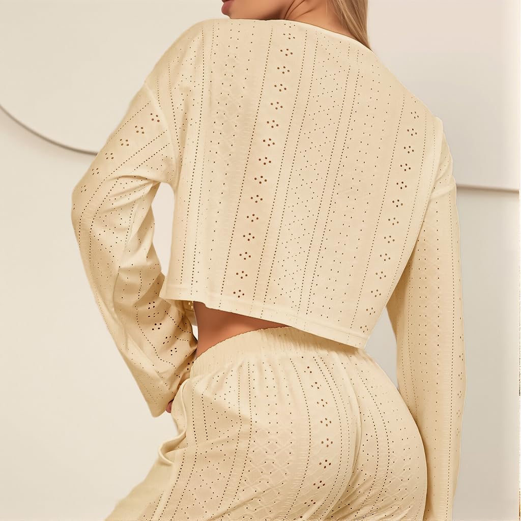 SANNIDHI Womens Lounge Set for Fall and Winter with Pockets and Drawstring | Beige 2 Piece Pajamas