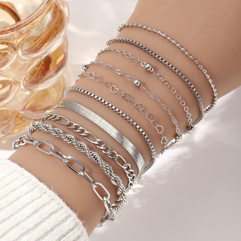 SANNIDHI® Bracelets for Women, Pack of 10 Chic Silver Alloy Layered Bracelets Set Slim Link Bracelet, Women Wrist Jewelry