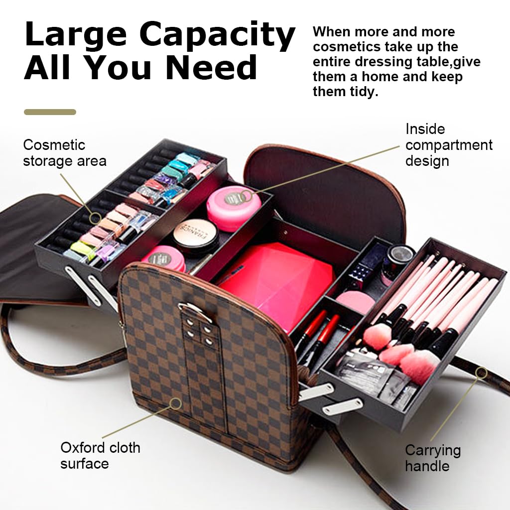 MAYCREATE Makeup Carrying Suitcase for Travel Artists with Four Foldable Layers and PU Leather Style | Large Organizer Box for Professional Use