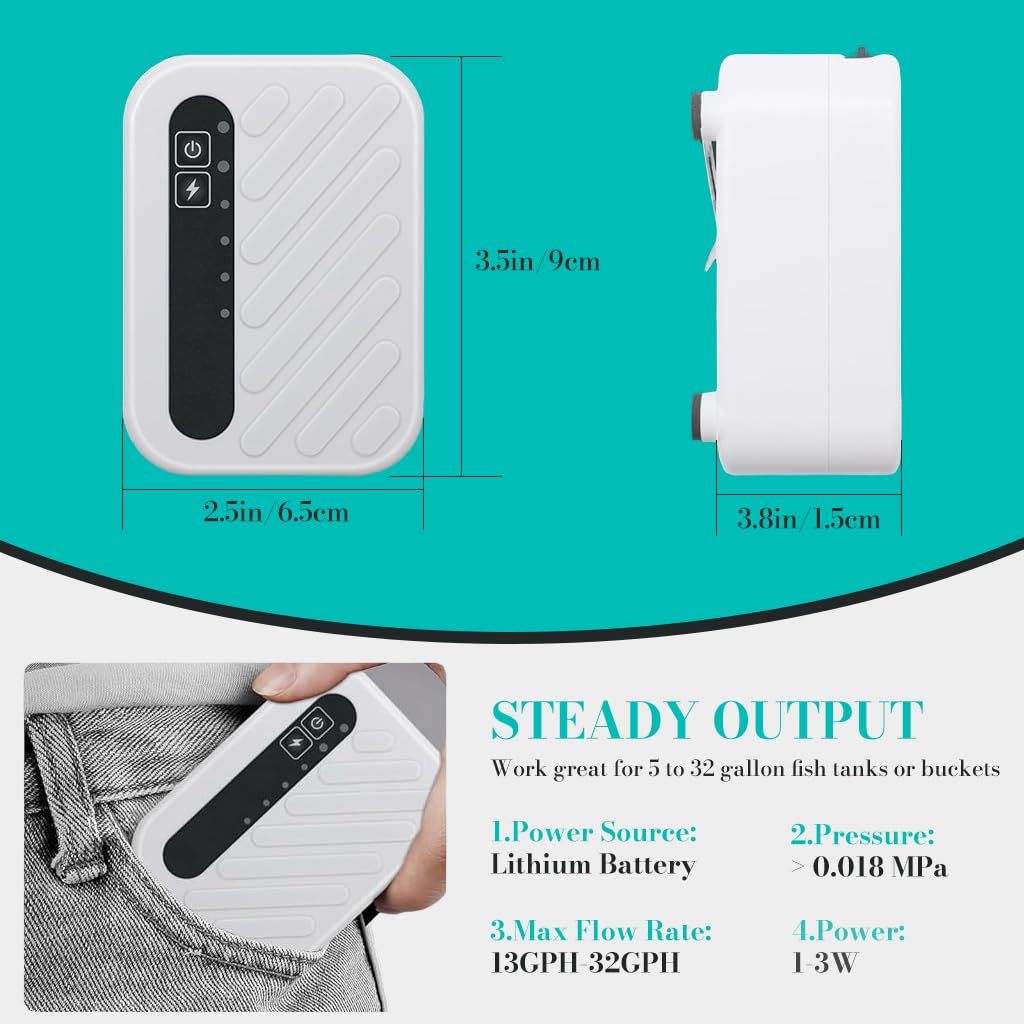 Qpets Small Oxygen Generator for Aquarium and Outdoor Fishing with 45h Battery | Adjustable Flow and Intermittent Mode