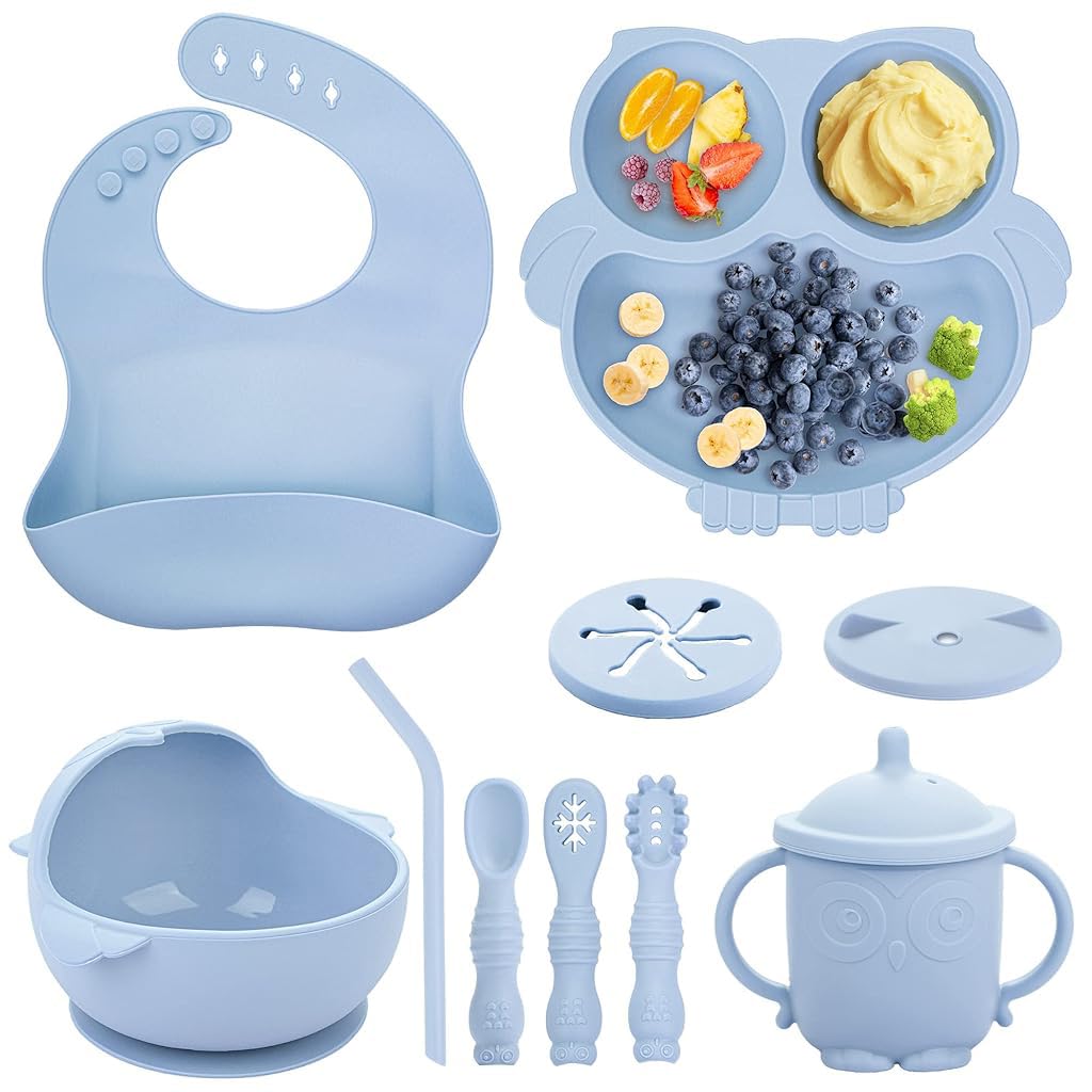 SNOWIE SOFT® Baby Feeding Set of 10Pcs Food Grade Toddlers Silicone Food Plate Sipping Cup Bowl Set with Silicone Bib, Baby Cutleries, Self-Feeding Tableware Set for Toddlers, Sterilizable, Blue