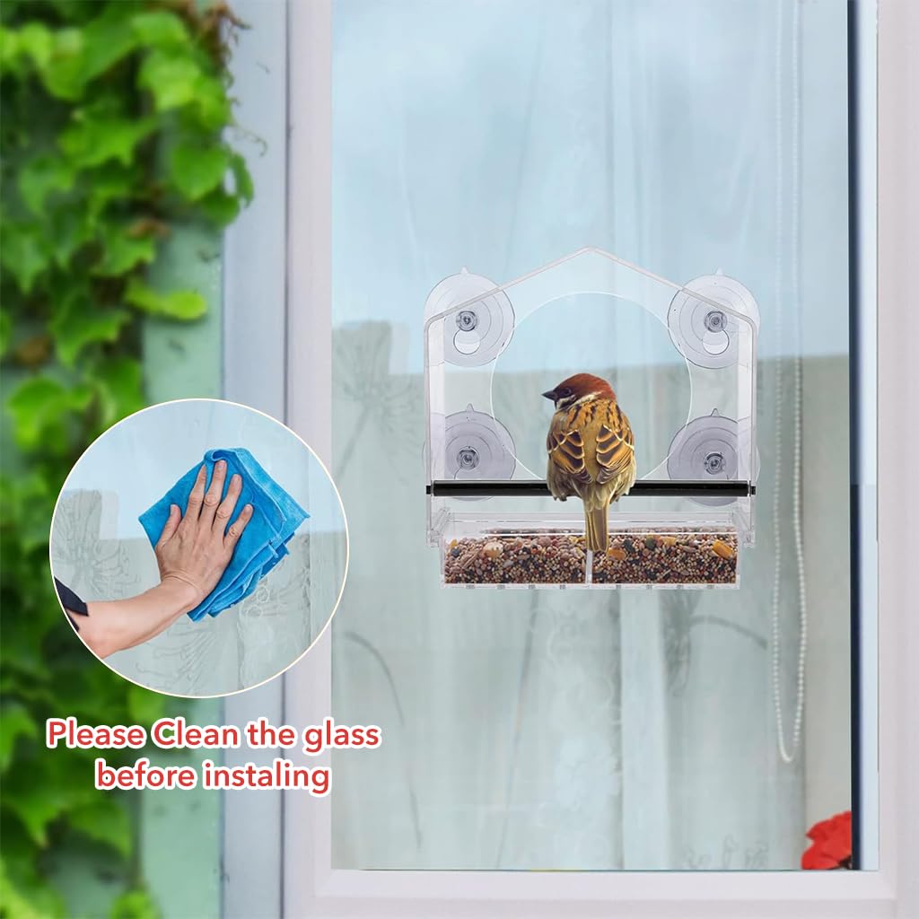 Optifit Bird Feeders for Window Viewing with Dual Compartments and 4 Suction Cups | Clear 21.5x20.5x10cm Acrylic House for Kids