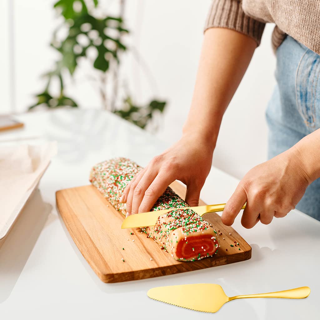 Supvox Cake Cutting Knife Set for Birthday and Wedding with 9 in Cutter and 8.6 in Server | Gold Stainless Steel Gift Set