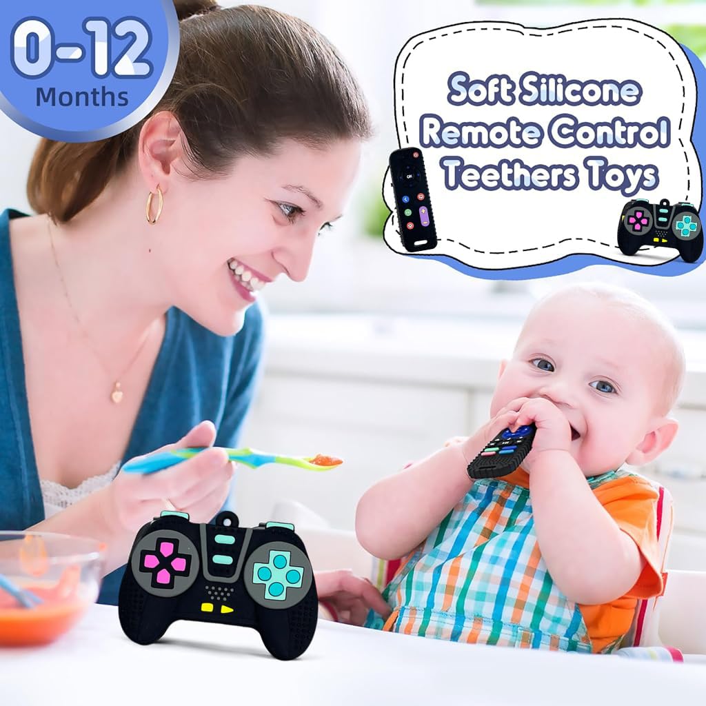 PATPAT® Teething Relief Teethers for Babies 3 6 12 Months Gifts, Silicone Teether Remote Control & Game Controller Sensory Bath for 3 6 9 12 18 Months Newborn Infant