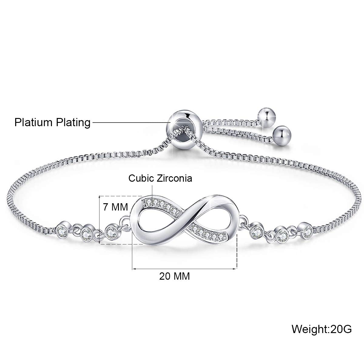 Zibuyu Bracelet for Women featuring Infinity Zirconia Charm with 6.3–9.8 in Adjustable Fit | Silver Alloy Friendship Jewelry Gift