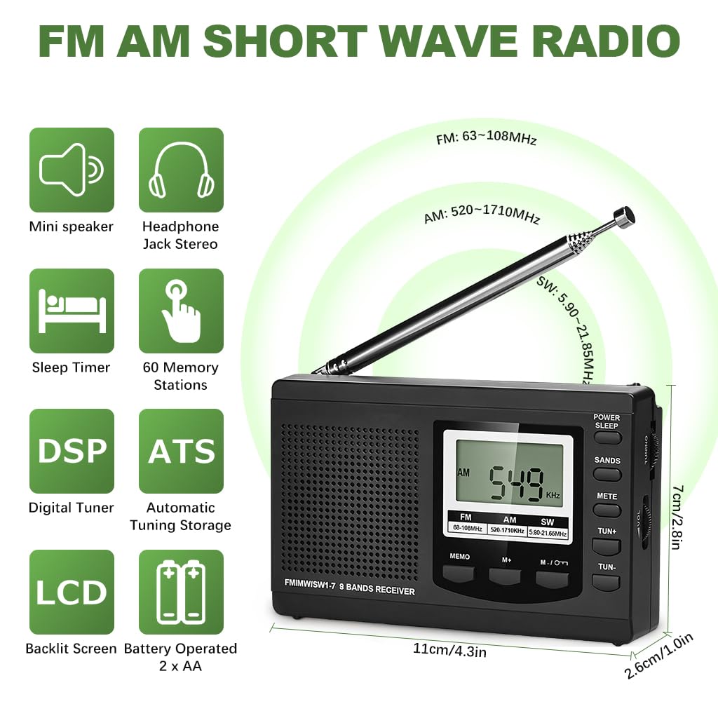ZORBES Portable Radio for Camping and Travel with LCD Display and 5 Section Antenna | FM MW SW Battery Operated 2xAA