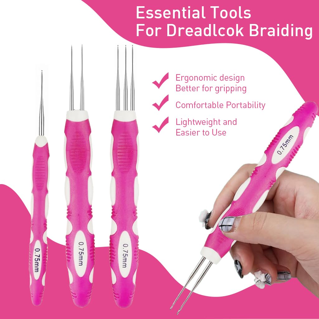 HASTHIP Dreadlock Crochet Hook Set for Braiding and Maintenance with 0.75mm Hooks | Rubberized Handle and Hair Locking Tools