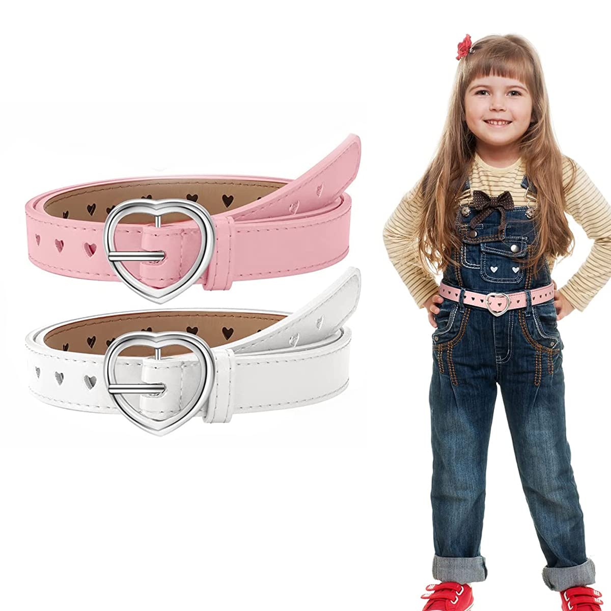 PALAY® Girls Belt for Jeans, 2 Pack PU Leather Kids Belt for Girls 6-12, Fashion Hollow Heart Metal Buckle Waist Belt for Girl Dress Pants Gift (Pink & White, Suit for Waist 26-30