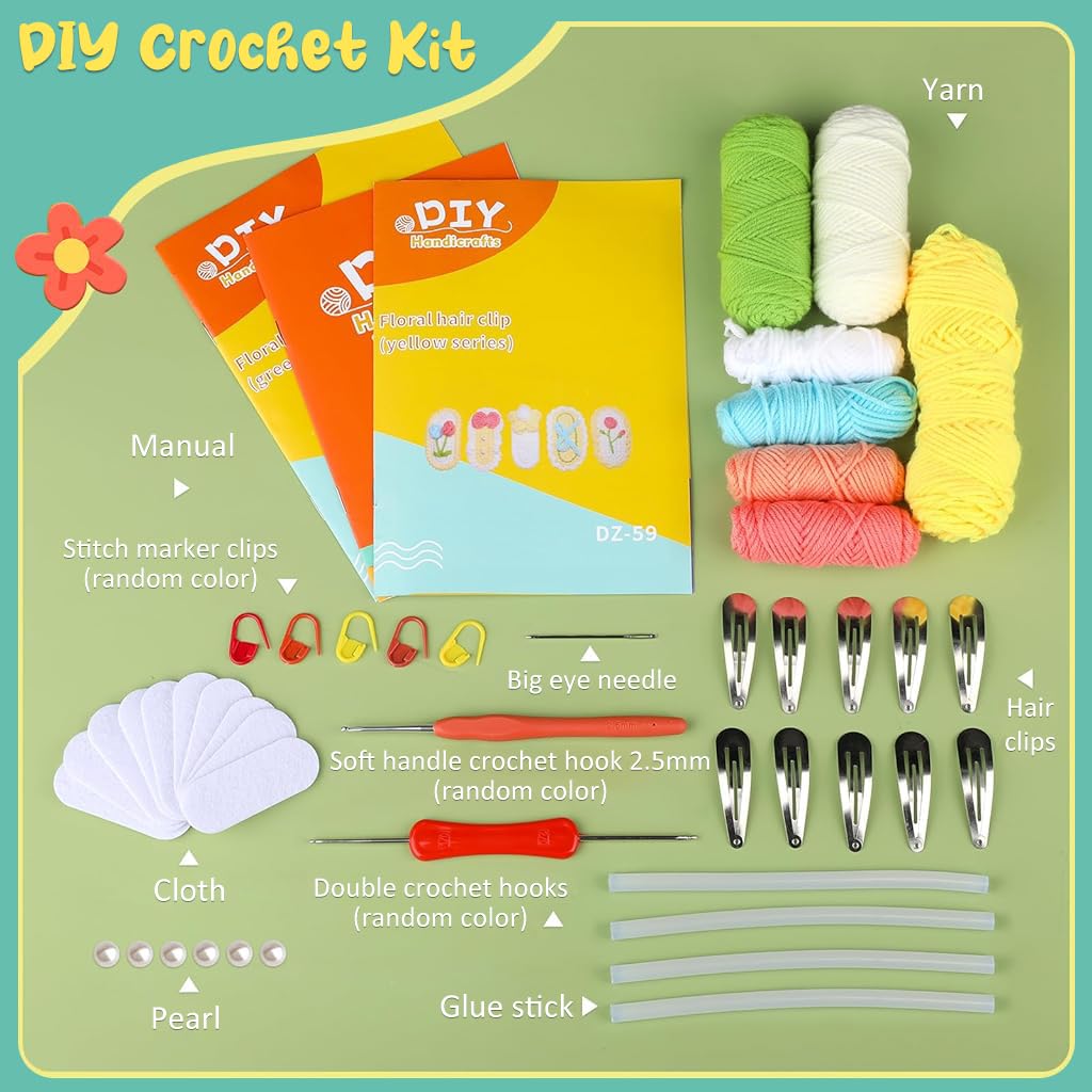 PATPAT DIY Crochet Hair Clip Material Kit for Beginners Set of 10Pcs with Hooks and Needles | Creative Gift for Craft Lovers