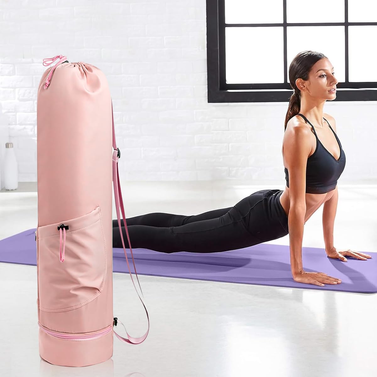 Proberos Yoga Mat Bag for Fitness and Travel with Drawstring Closure and 7.5x31 in Size | Waterproof Polyester with Bottom Storage Compartment