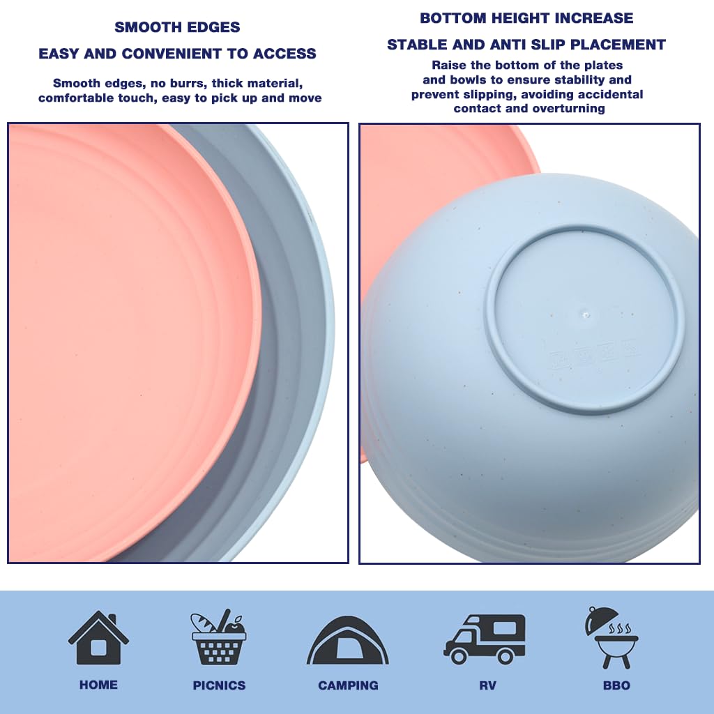 HASTHIP® 16 Piece Wheat Straw Dinnerware Sets of 4, Kitchen Plates and Bowls Sets, Unbreakable Plastic Dish Set for Camping, Dishwasher Microwave Safe