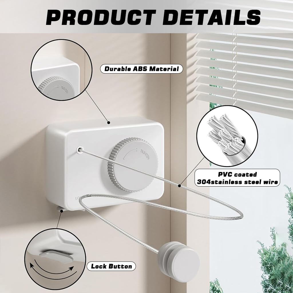 HASTHIP Retractable Clothesline for Indoor and Outdoor Use with One Button Retract | 4.2m Stainless Steel Adjustable Tension Laundry Line