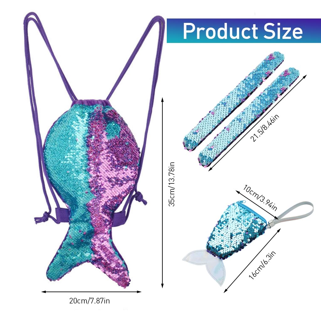 SNOWIE SOFT Drawstring Backpack for Kids with Adjustable Straps and Sequin Mermaid Tail Charm | Waterproof PU Bag and Small Purse Set