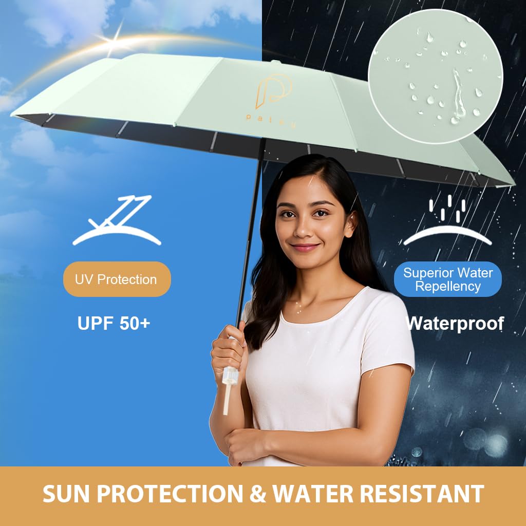 PALAY UV Umbrella for Rain and Sun Protection with 23 in Canopy and 12 Fiberglass Ribs | Compact Green Travel Design