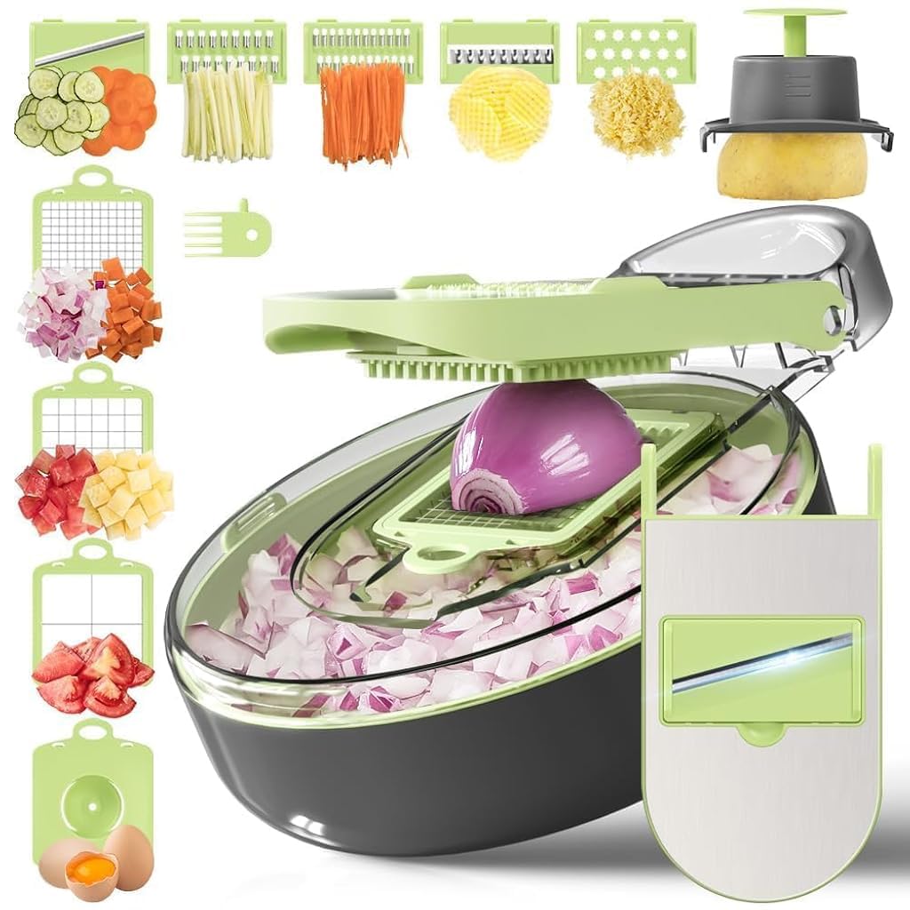 HASTHIP® Vegetable Chopper Food Grater Slicer 8-in-1 Kitchen Vegetable Processor Large Capacity Salad Maker Double Layer Vegetable Chopper with Drain Basket with Hand Guard & Egg Seperator