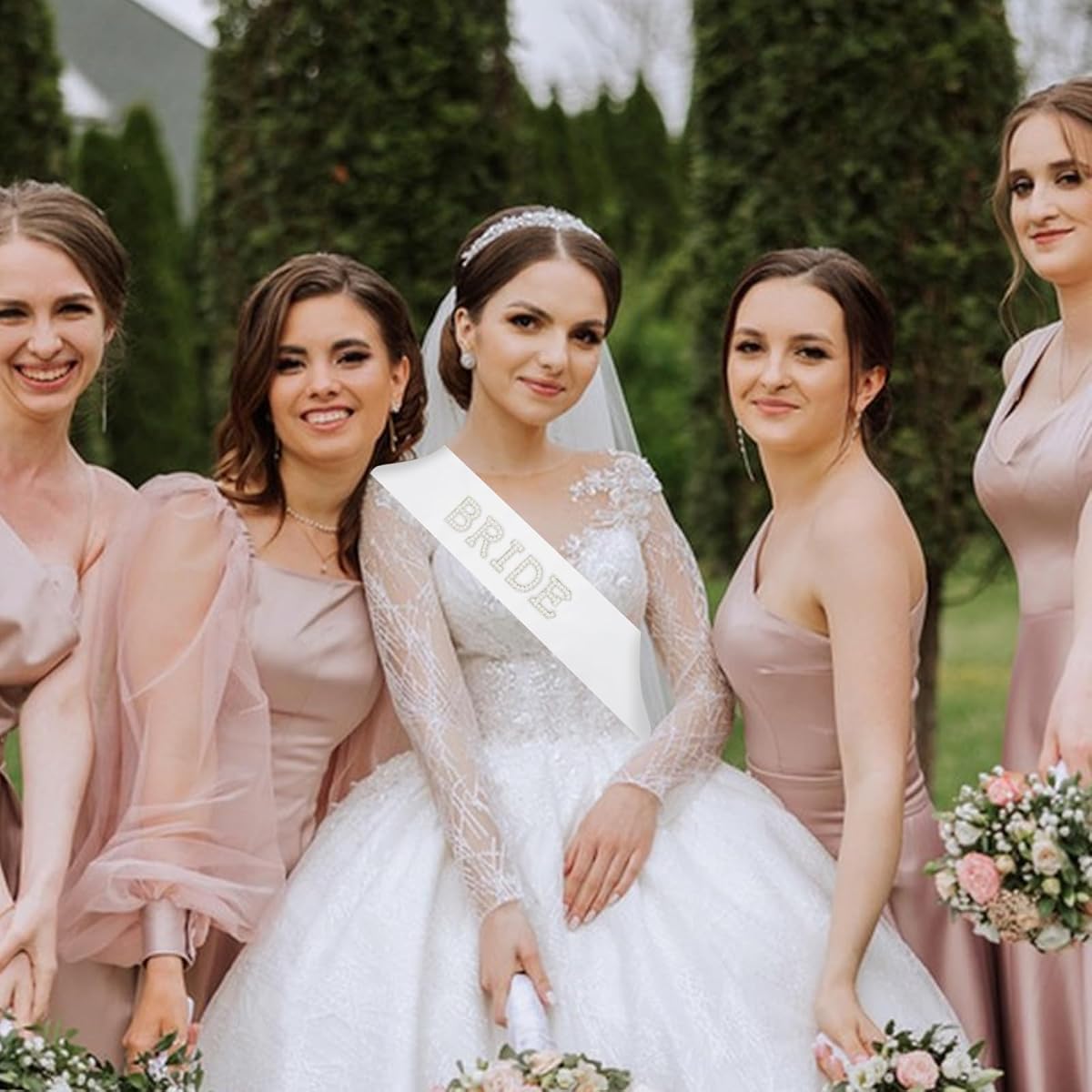 SANNIDHI Wedding Veil for Bride with Lace Veil and Rhinestone BRIDE Sash | Bridal Party Accessory