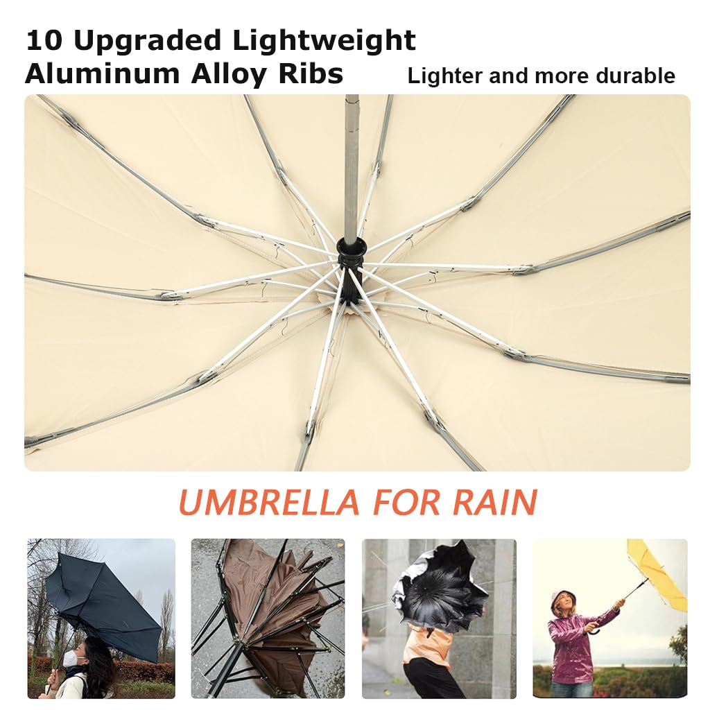 PALAY Umbrella for Rain with 10 Dual Ribs and Auto Open Close | Compact Travel Khaki 2PCS