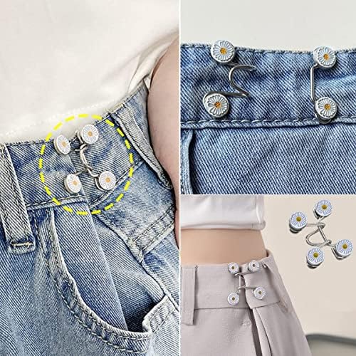 SANNIDHI Adjustable Waist Buckle for Jeans and Pants featuring Pearl Daisy Button Pins Set of 4