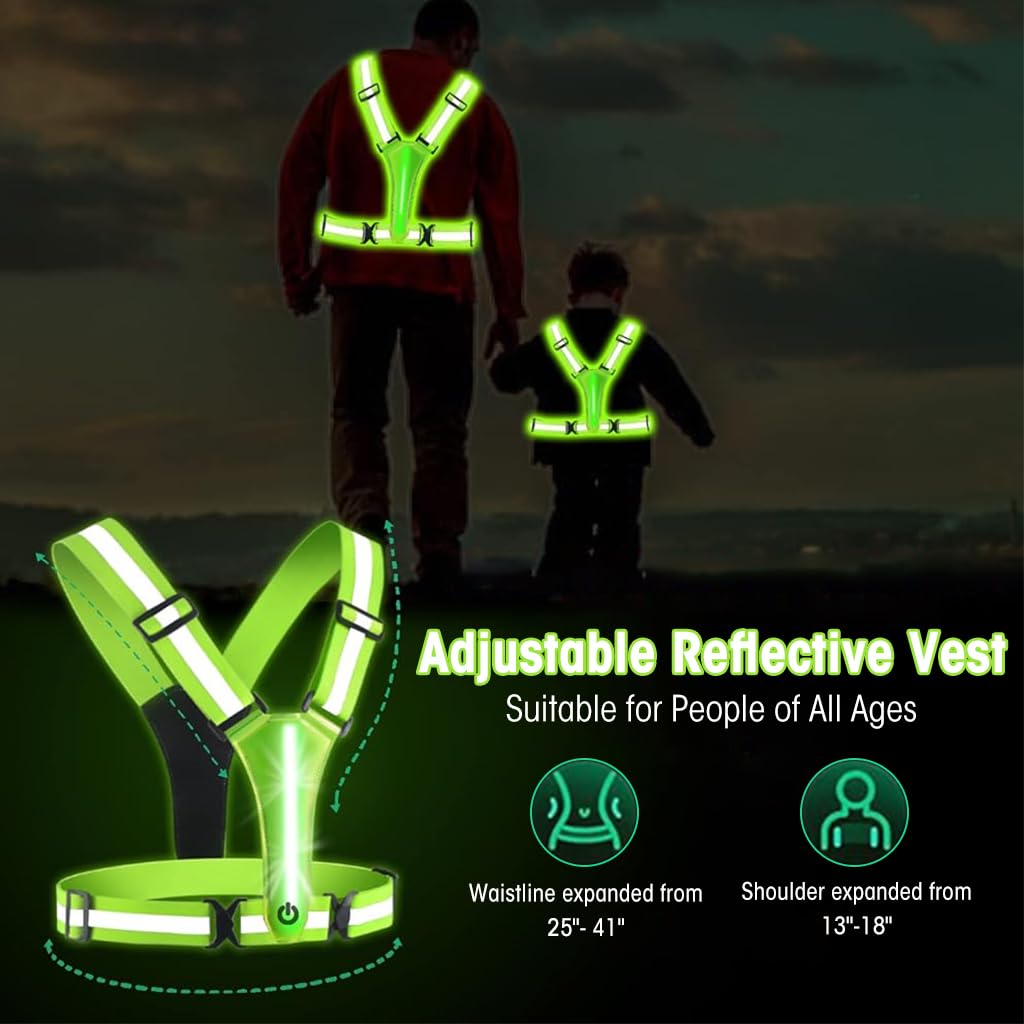 PROBEROS Safety Vest for Running and Cycling with USB LED 3 Lighting Modes | Adjustable Green Reflective Vest for Men and Women