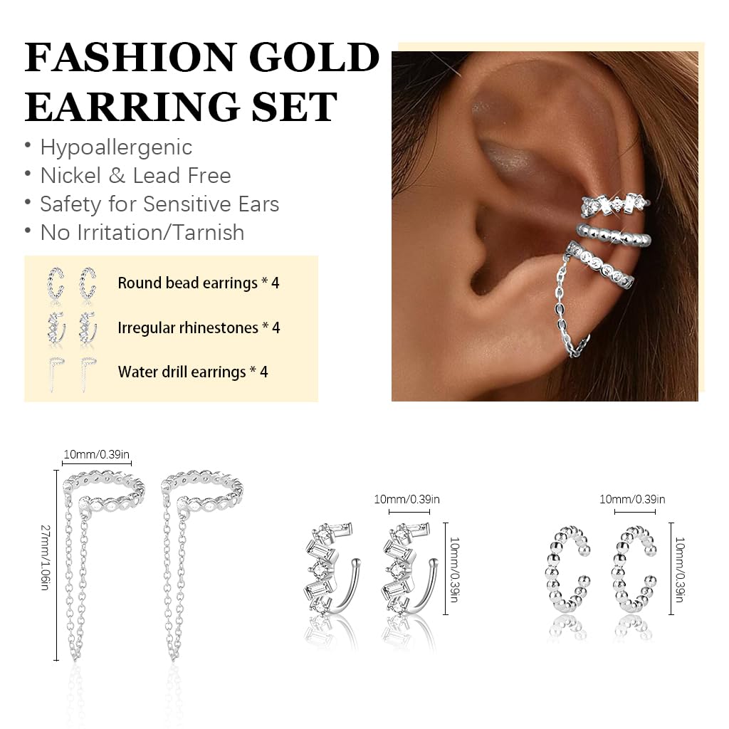 SANNIDHI Ear Cuff Earrings for Women with Non Piercing Clip On Design and Silver Finish | 3 Pairs Hypoallergenic Trendy Jewelry