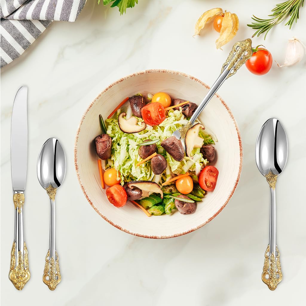 HASTHIP Stainless Steel Fork and Spoon Set of 4 for Dining with Embossed Golden Handle | Gift Box