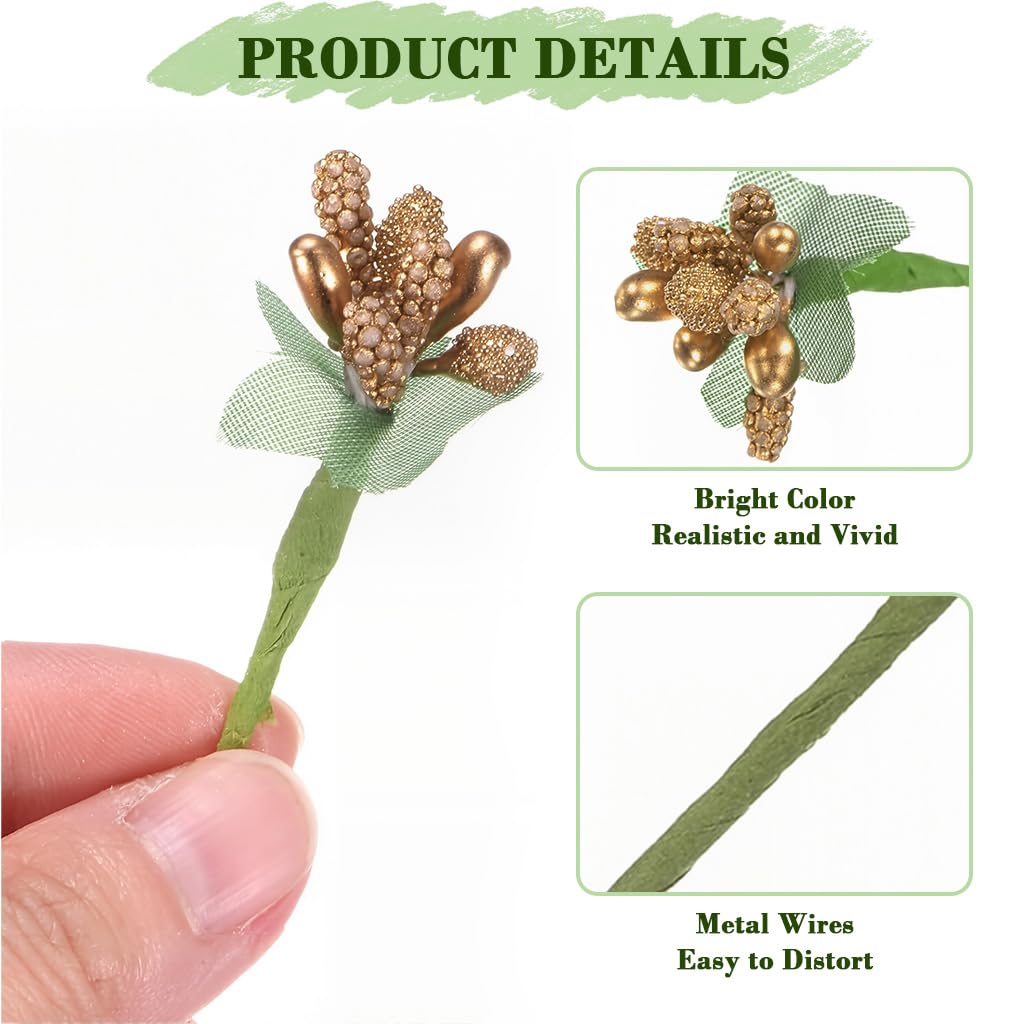 HASTHIP Artificial Flower Bunch for Weddings and Home Decor with 12 Branches & 80mm Length | Featuring Gold Beads and Green Mesh Design
